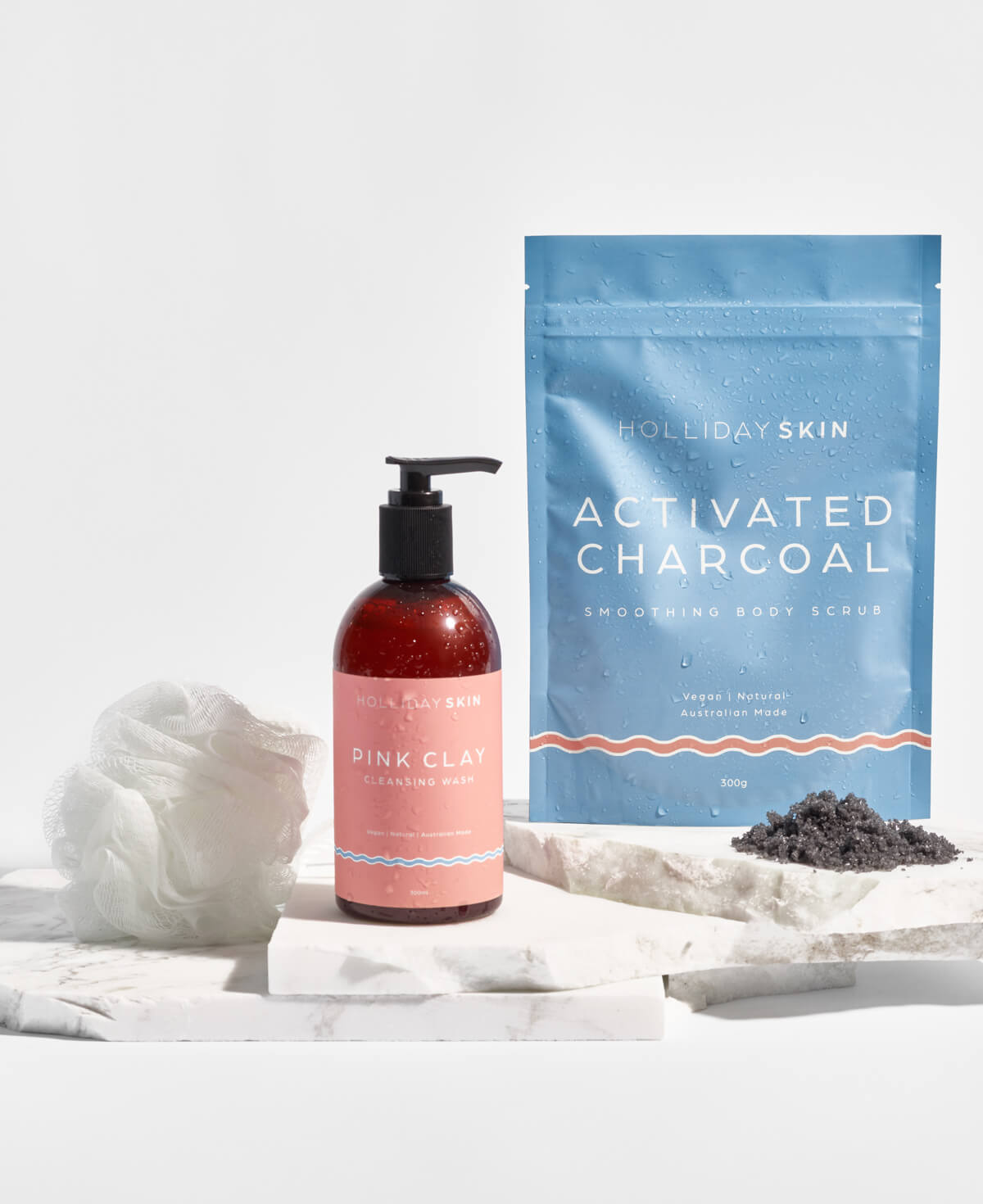 Clear skin with Activated Charcoal Body Scrub and Australian Pink Clay Cleanser